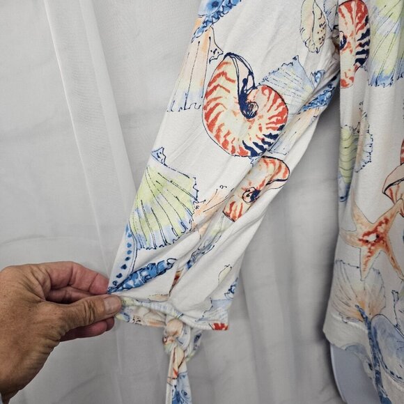 Chaps White Blue Seashell Blouse Beach Tropical L - Picture 3 of 11